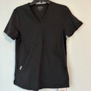 Comenii Technical Workwear Women Black V-Neck Scrub Top Zipper Pockets CM2103 S